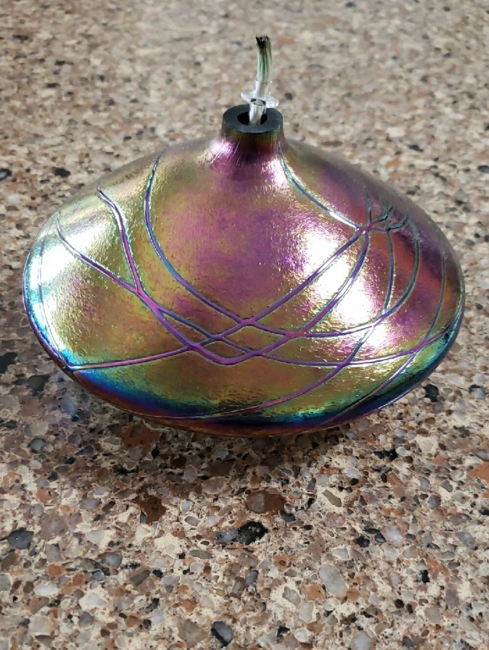 Vintage Art Glass Oil Lamp Mt St Helens Ash - Iridescent Blue